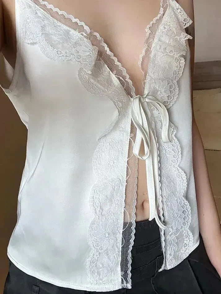 Aiertu  -Lace Trim Tie V-Neck Tank Top aiertu