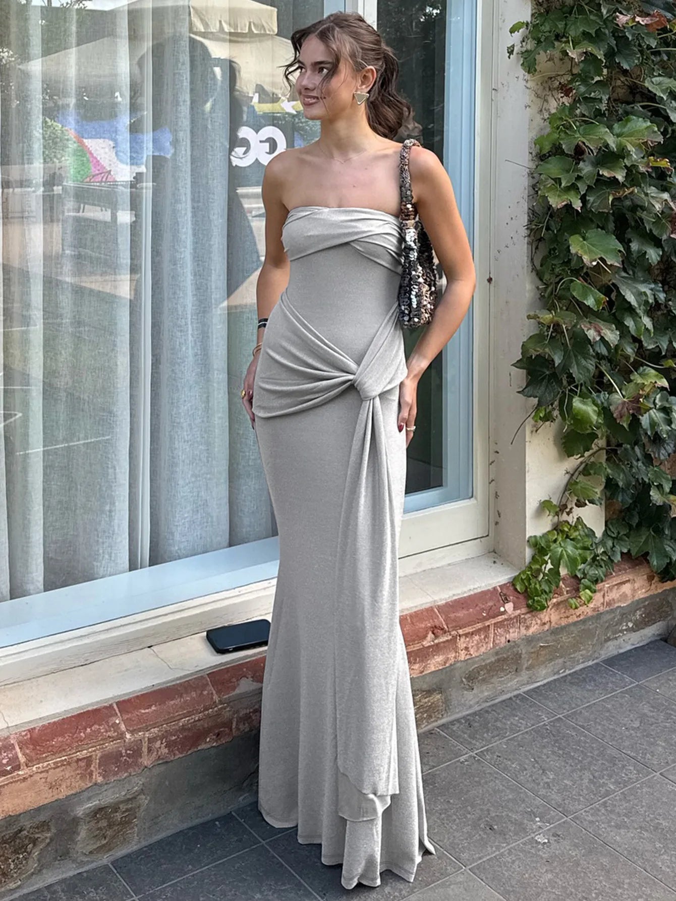 Aiertu  -  Summer Women Dress Solid Grey Sexy Strapless Slim Maxi Dress Fashion Pleated Twist Long Dress Party Evening Gown Robe Aiertu