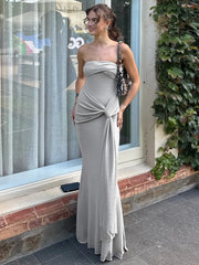 Aiertu  -  Summer Women Dress Solid Grey Sexy Strapless Slim Maxi Dress Fashion Pleated Twist Long Dress Party Evening Gown Robe Aiertu