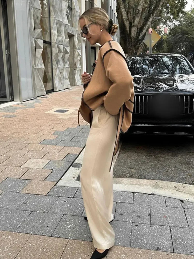 Aiertu  -  Women Fashion With Belt Wool Loose Coat Casual V Neck Long Sleeve Patchwork Overcoat 2026 Lady Autumn Winter Streetwear Coats Aiertu