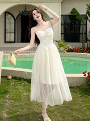 Aiertu  Women Summer Elegant Lace Mesh Slimming Sleeveless Princess Suspender Dresses Holiday Beach Sundress Evening Party Wedding Dress Aiertu