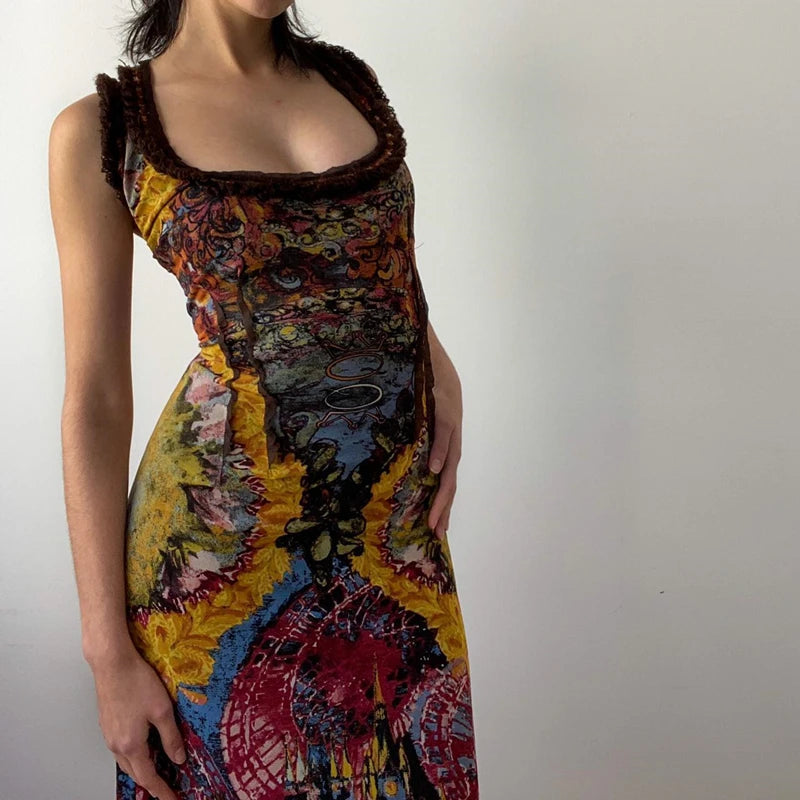 Aiertu  Sexy Backless Hollow Out Sleeveless Maxi Dresses Vintage Oil Painting Print Bodycon Dress Aesthetic Party Slim Vestidos Aiertu