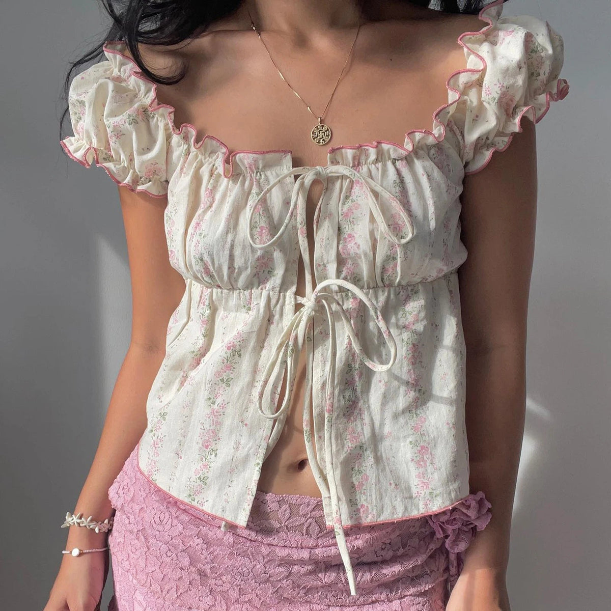 Aiertu  -  Women Y2k Fairy Lace Shirts Cap Sleeve Button Down Lace Patchwork T-Shirts Aesthetic Babydoll Crop Tops Summer Streetwear Aiertu