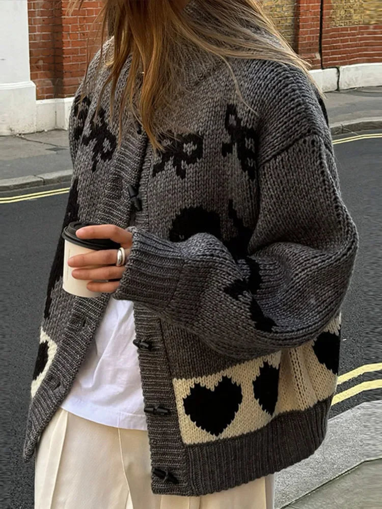 Aiertu  -  Print Cat Cartoon Women Sweater Heart Knit Pocket Female Cardigan Fashion Elegant Single Breasted Loose O-neck Lady Coat Aiertu