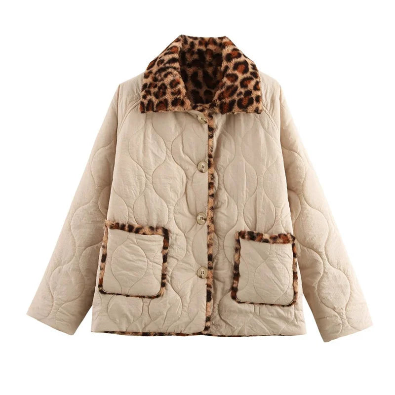 Aiertu  -  Fashion Double-Side Beige and Leopard Quilted Cotton Jacket For Women Winter Turn-down Collar Single-breasted Pocket Outerwear Aiertu