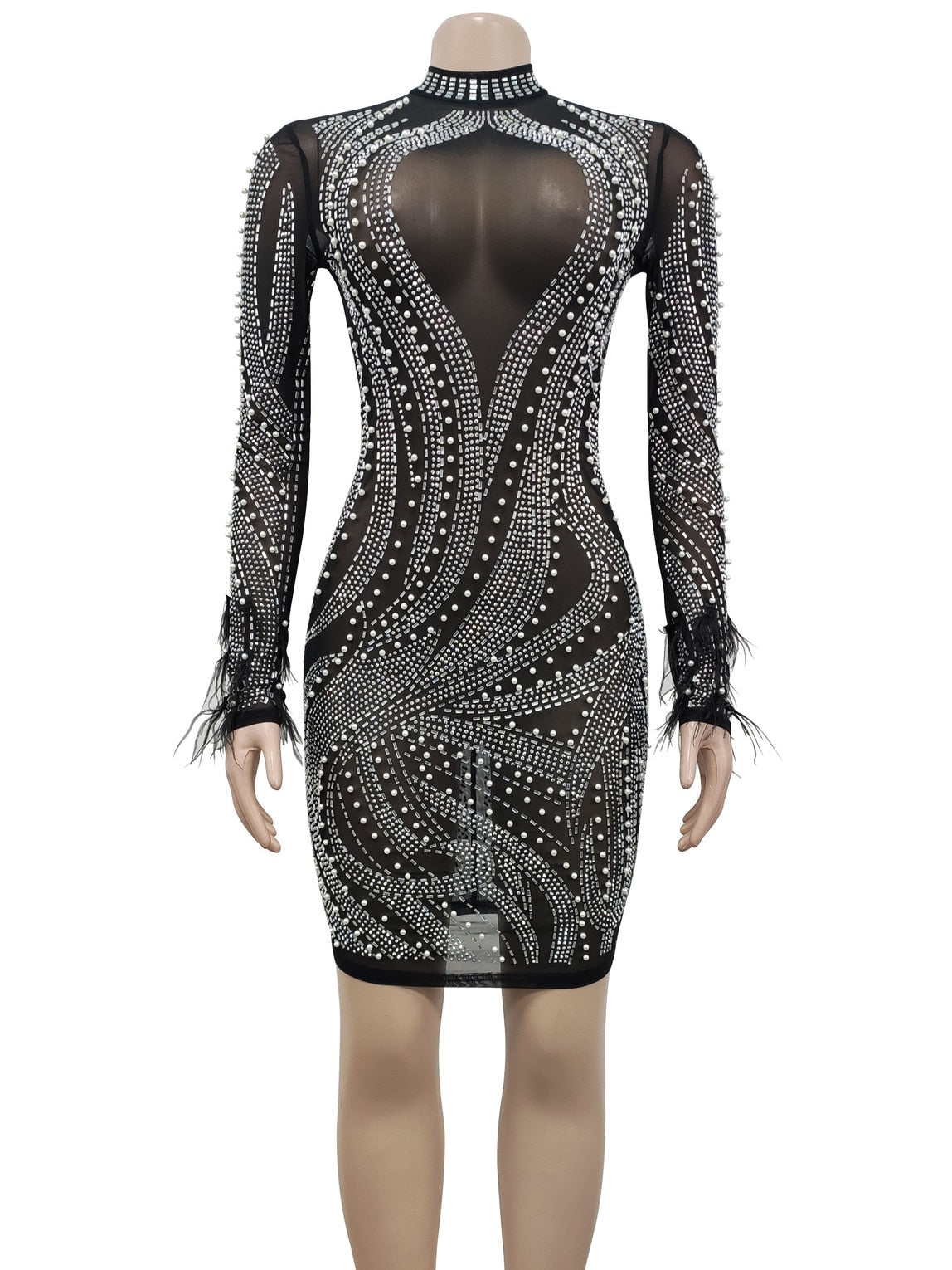 Aiertu  Woman Fashion Sexy Mesh See-through Long Sleeve Feathers Rhinestones Bodycon Party Dresses 2025  Package Hip Mini Nightclub Dress Aiertu