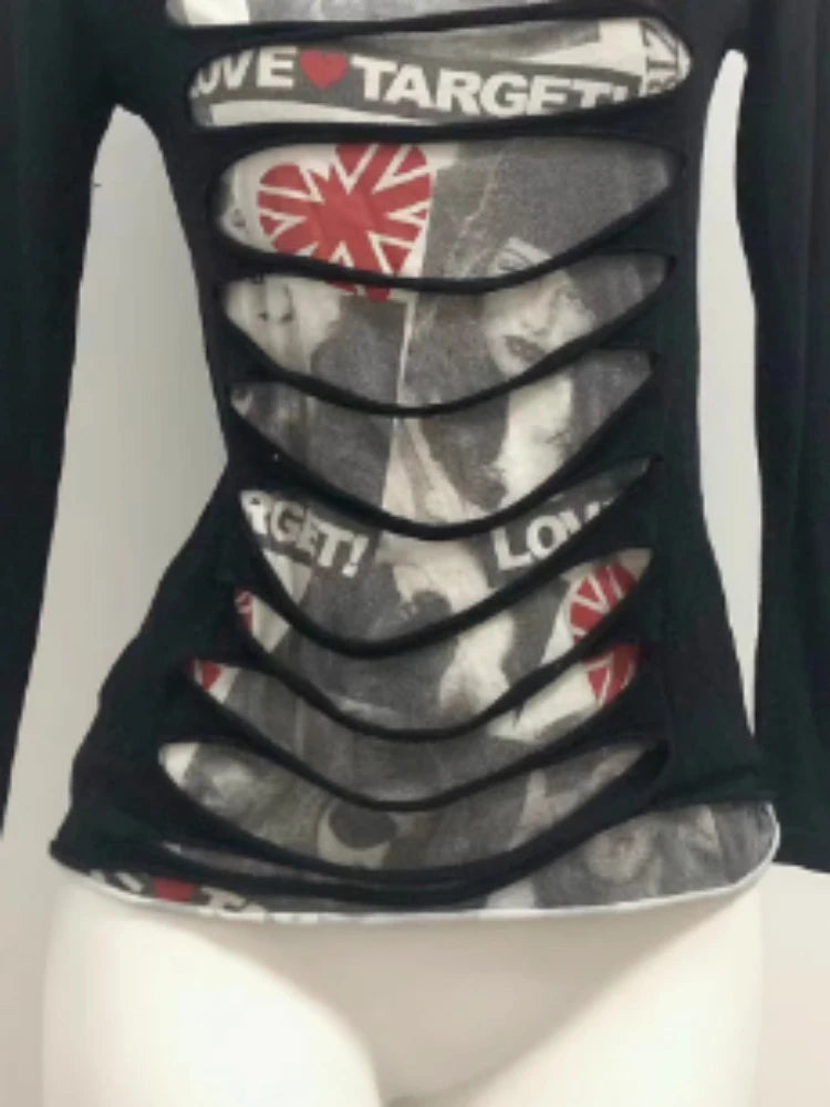 Aiertu  -  Y2k Aesthetic Fake Two Pieces T-Shirt Women Streetwear Printing Hip Hop Goth Tops Harajuku Vintage Hollow Out Grunge Tees Aiertu