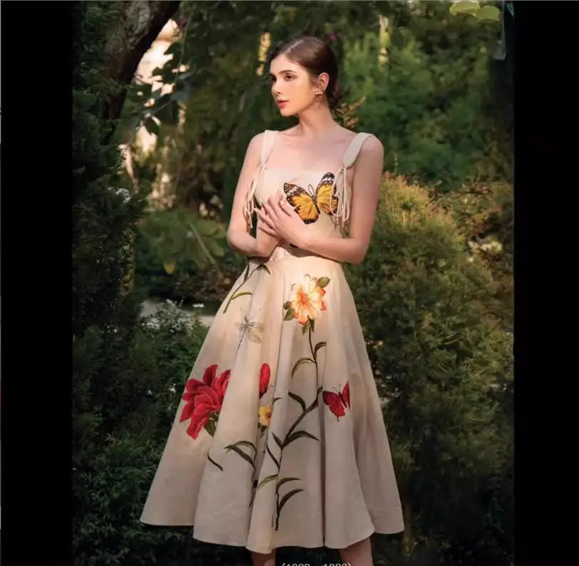 Aiertu  -   party look snspos New Fashion Butterfly Flower Print Vintage Runway Dress For Women Sexy Spaghetti Strap Slim Waist Dresses Vestidos Aiertu