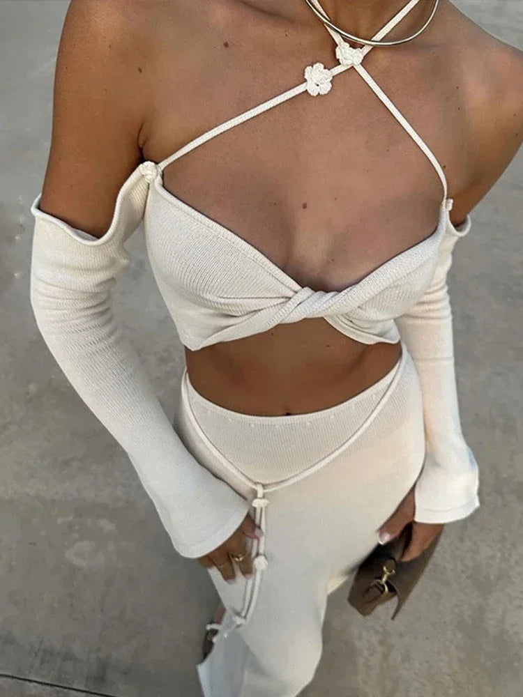 Aiertu  -  Sexy Strapless Knit Women Tube Tops Set Split Hip Package Slim Female Skirt Sets 2024 Elegant Holiday Beach Backless Lady Suit Aiertu
