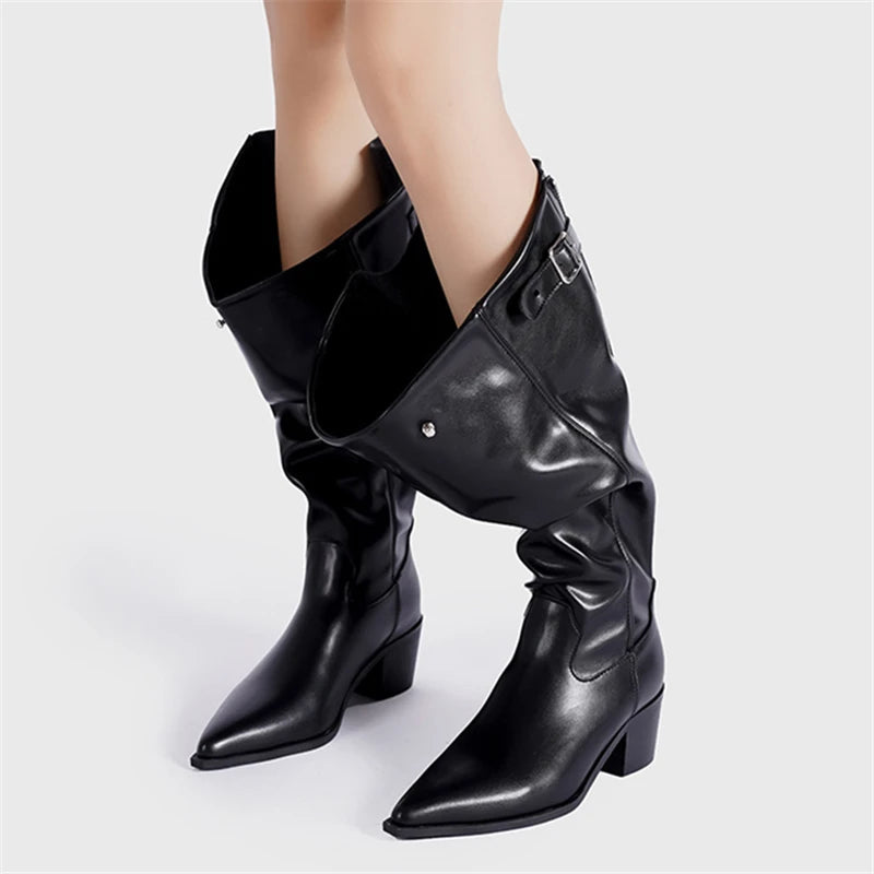 Aiertu  -  Designer Pointed Toe Western Cowboy Boots Women Chunky Heel Retro Belt Buckle Knight Boots Fashion Mujer Luxury Long Botas New Aiertu
