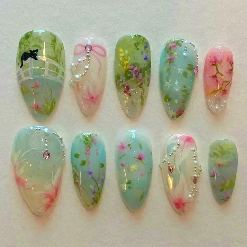 Aiertu 24Pcs Pink Almond French Press on Nails With 3D Bow ripple charms Design Fake Nails Ballerina False Nails Full Cover Nail Tips Aiertu