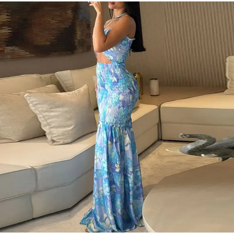 Aiertu  -  Chic  Hollow Out Printed Halter Long Dress Women Backless Off Shoulder Patchwork Ruffle Summer 2026 Dresses Party Vacation Robe Aiertu