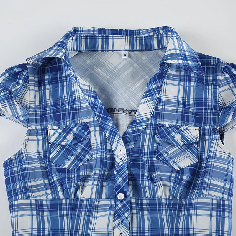 Aiertu  Plaid Patchwork Slim Fit Single Button Women’s Shirts Causal Basic Chic New Summer Short Blouses Aiertu