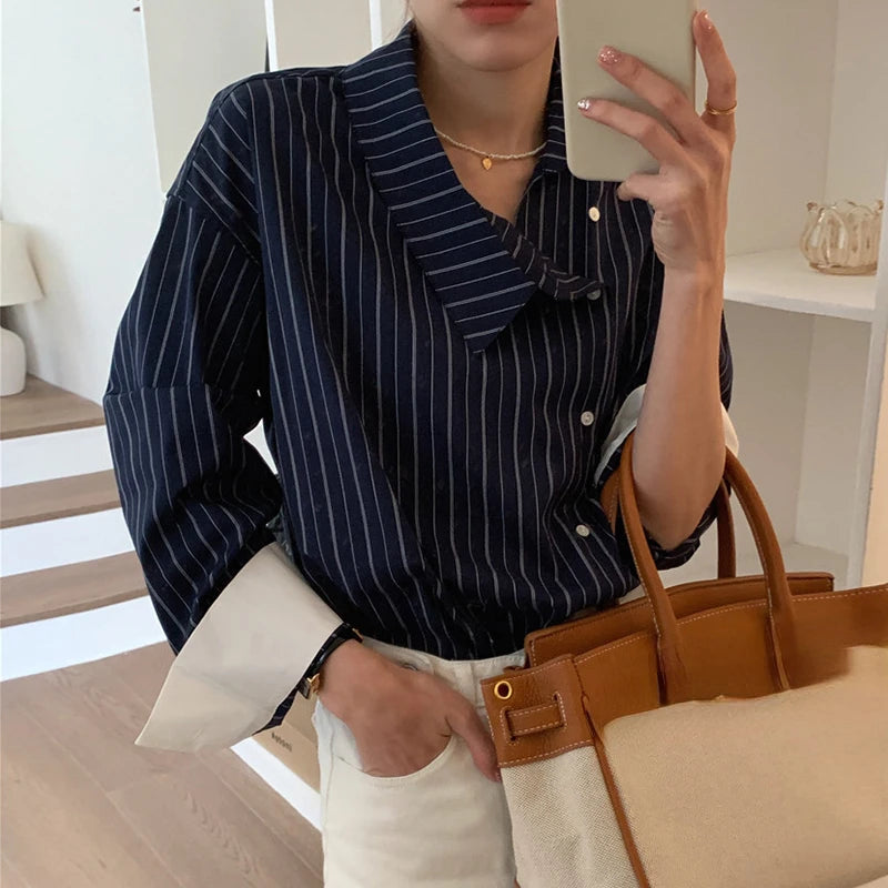 Aiertu  -  Blusas De Mujer Retro Irregular Neck Contrasting Striped Shirts Blouse Spring New Tops Roupas Femininas Chic Loose Shirt Aiertu