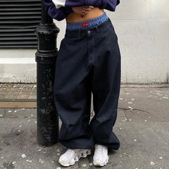 Aiertu  -  Harajuku Street Fashion Women Baggy Jeans Fold Detail Y2K Oversized Denim Pants Hip Hop Loose Sweatpants  Dark Blue Aiertu