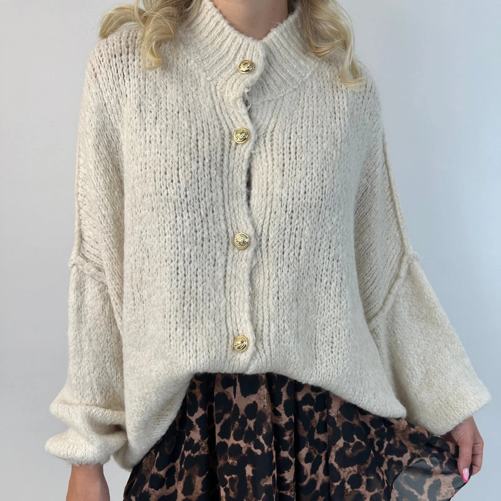 Aiertu  -  Womens Y2k Oversized Cardigan Sweaters Long Lantern Sleeve Knit Open Front Button Down Chunky Knitwear Fall Winter Aiertu