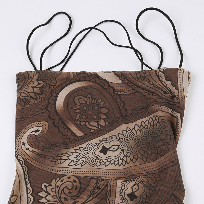 Aiertu - Retro Print Backless Strap Sexy Sling Maxi Dress Aiertu