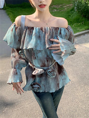 Aiertu  -  Blue Retro Blouses Daily Tie-Dying Ruffles Autumn Chic Loose Slash Neck Slim Office Lady Full Sleeve Ruffles Aiertu