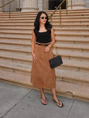 Aiertu  -  Women Elegant Suede Leather Midi Skirt Fashion High Waist Loose A-line Long Skirts 2026 Female High Street Commuting Casual Wear Aiertu