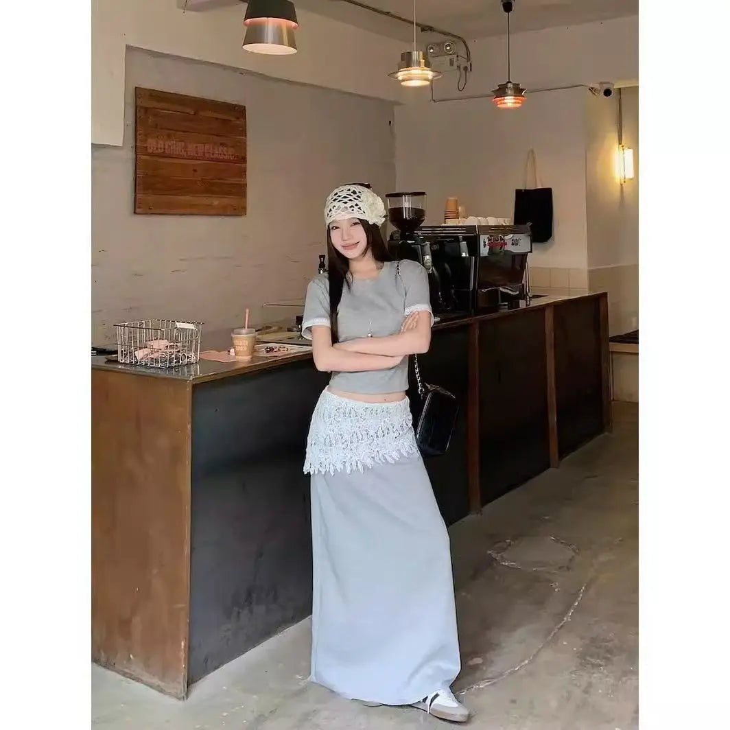 Aiertu  Hot Girl Casual Suit Women's Summer O-neck Short-sleeved T-shirt Lace Patchwork A-line Skirt 2-piece Set Fashion Female Clothes Aiertu