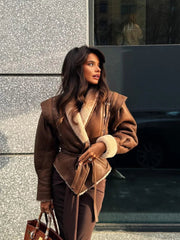 Aiertu  -  Fashion Warm Furry Leather Woman Jacket With Belt Chic Lapel Long Sleeve Motorcycle Coat Lady 2026 Winter High Street Outerwear Aiertu
