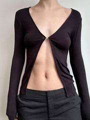 Aiertu  -Solid V-Neck Split Slim Long Sleeve Top aiertu
