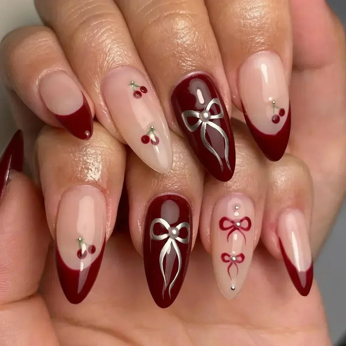 Aiertu 24Pcs Pink Almond French Press on Nails With 3D Bow ripple charms Design Fake Nails Ballerina False Nails Full Cover Nail Tips Aiertu