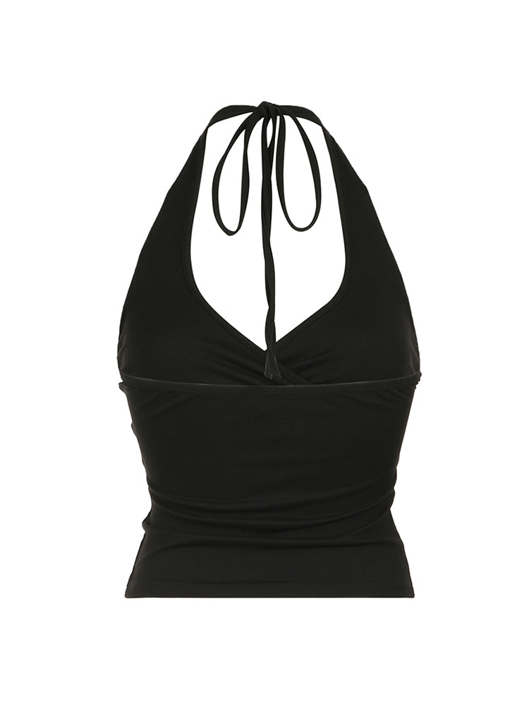 Aiertu - summer inspo Cross Tie Halter V Neck Crop Top Women Solid Basic Casual Slim Backless Sexy Tank Vest Aiertu
