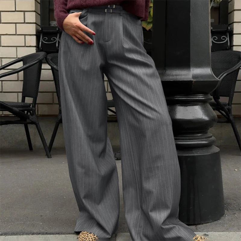 Aiertu  -  Commute Striped Pants Women High Waist Wide Leg Floor-length With Belt Pants Female 2025 Spring Summer Chic Street Lady Trousers Aiertu
