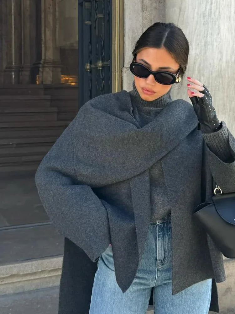 Aiertu  -  Women Fashion Scarf Decorated Woolen Jacket Casual Solid Long Sleeve Loose Warm Overcoat 2026 Autumn Winter New Lady Chic Coat Aiertu