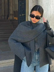 Aiertu  -  Women Fashion Scarf Decorated Woolen Jacket Casual Solid Long Sleeve Loose Warm Overcoat 2026 Autumn Winter New Lady Chic Coat Aiertu