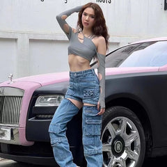 Aiertu  -  Hollow Out Crop Top for Girls, Off Shoulder Halter, Oversleeve Backless Patchwork, Summer Urban Leisure Streetwear, Y2K Aiertu