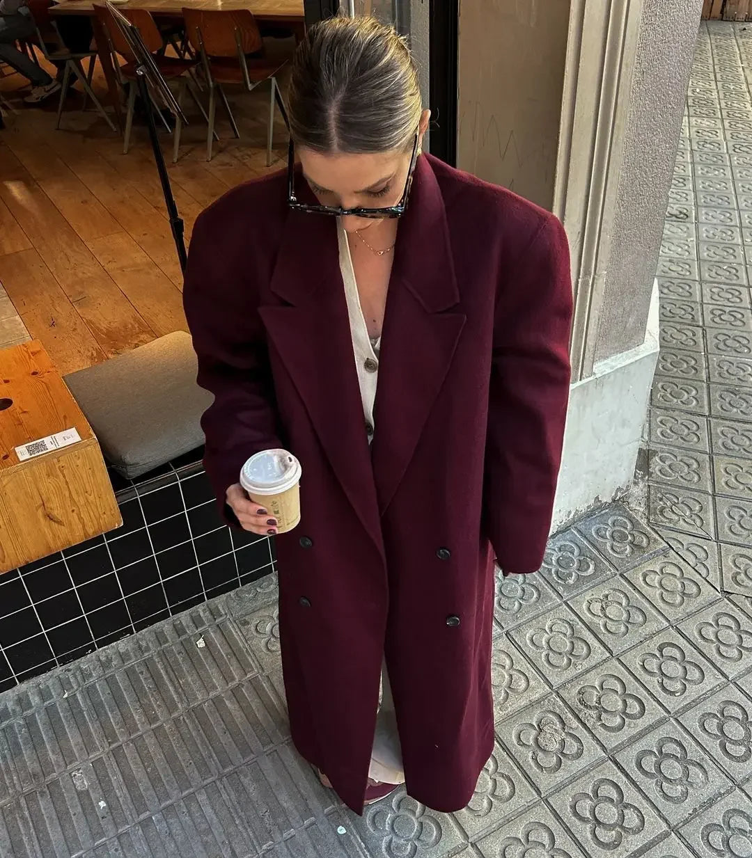 Aiertu     -  Fall Outfits 2026 Women Burgundy Red Padded Shoulder Coats Fashion Double Breasted Casual Lapel Outerwear New Autumn Winter Female Street Overcoat Aiertu