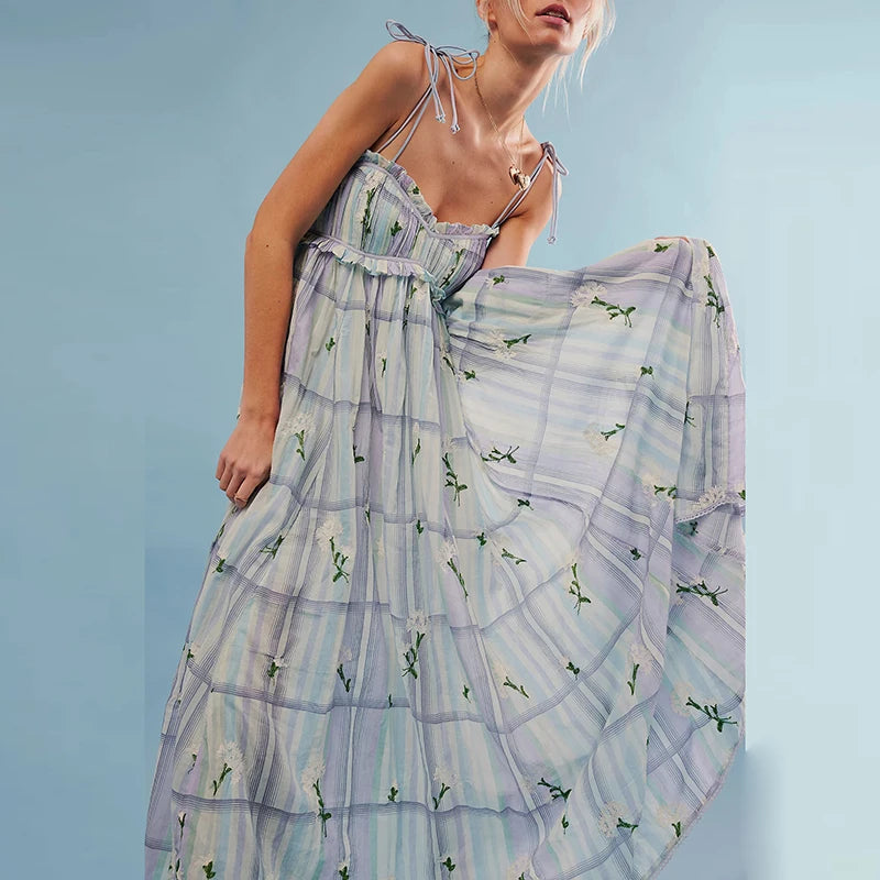 Aiertu  -  Elegant Tie-up Hight Waist Long Dress Women Sexy V-neck Sleeveless  Suspender Dress Fashion Colorful Striped Pleated Party Dress Aiertu