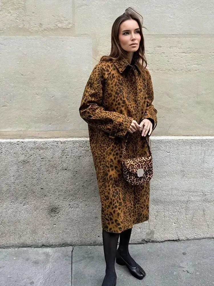 Aiertu  -  Women Fashion Leopard Print Lapel Suede Trench Coat Autumn Casual Long Sleeved Buttoned Jacket 2026 Lady High Street Outercoat Aiertu