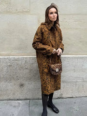 Aiertu  -  Women Fashion Leopard Print Lapel Suede Trench Coat Autumn Casual Long Sleeved Buttoned Jacket 2026 Lady High Street Outercoat Aiertu