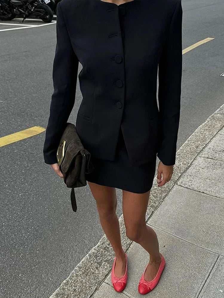 Aiertu  -  Five Button Suit Jacket Coat Short Skirt Set Round Neck Commuting Slim Fit Elegant Outwear Women Overcoat Skirts Formal Attire Aiertu