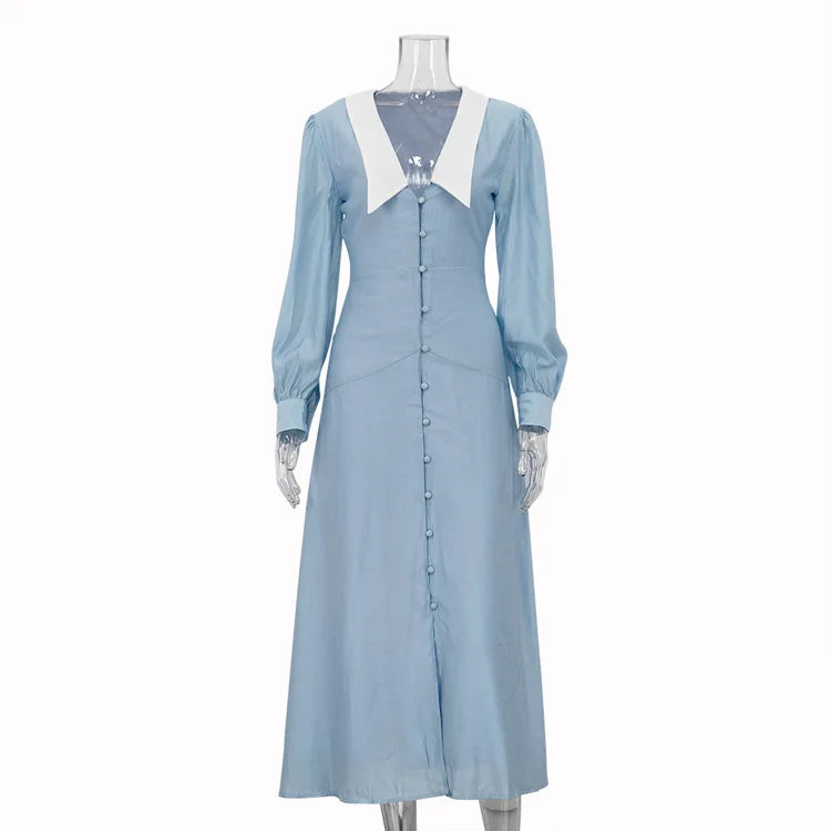 Aiertu    -  Long Sleeve Cardigan Maxi Dress For Women Slim Fit Elegant High Waist Patchwork Single Breasted Fashion Holiday Dress Aiertu