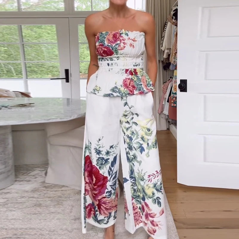 Aiertu  -  Women Sexy Strapless Top & Straight Pants Suit Summer Pattern Printed Backless Beach Set Fashion Backless Ruffle Holiday Outfit Aiertu