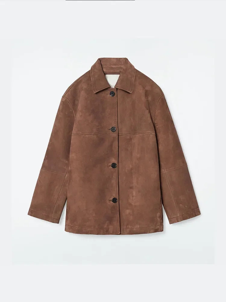 Aiertu  -  Fashon Brown Single Breasted Suede Jackets Women Fashion Lapel With Pockets Long Sleeve Coats 2026 Chic Lady Casual Outerwear Aiertu