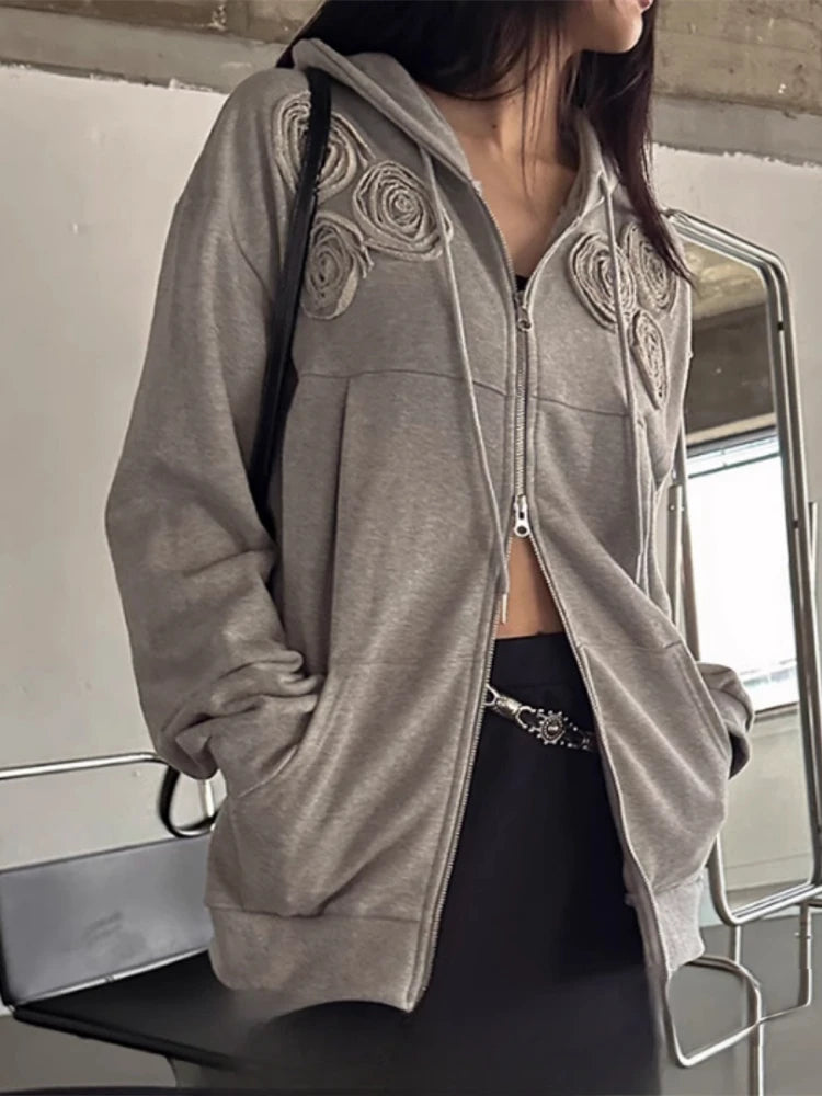 Aiertu  -  Harajuku Casual Solid 3D Flower Hoodies Women Y2k Aesthetic Casual Loose Hoody Streetwear Dual Zippers Pocket Grunge Sweatshirt Aiertu
