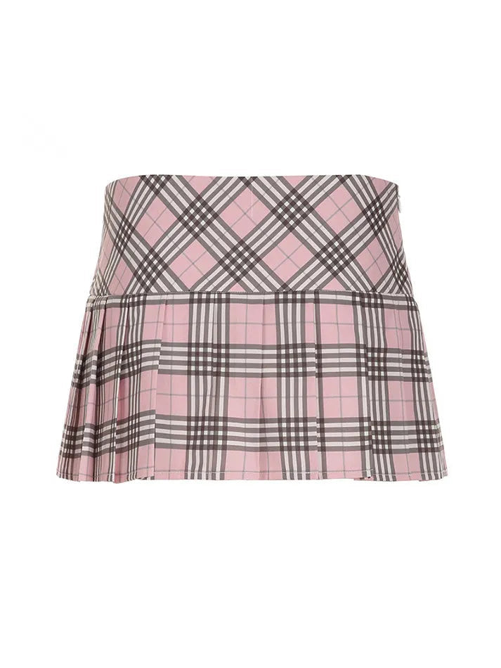 Aiertu  -Pink Plaid Contrast Low-Waist Pleated Skirt aiertu