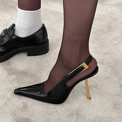 Aiertu  -  Spring And Summer New Black Patent Leather High Heels Women Slim Heel Shoes Temperament Minority Pointed Sandals Aiertu