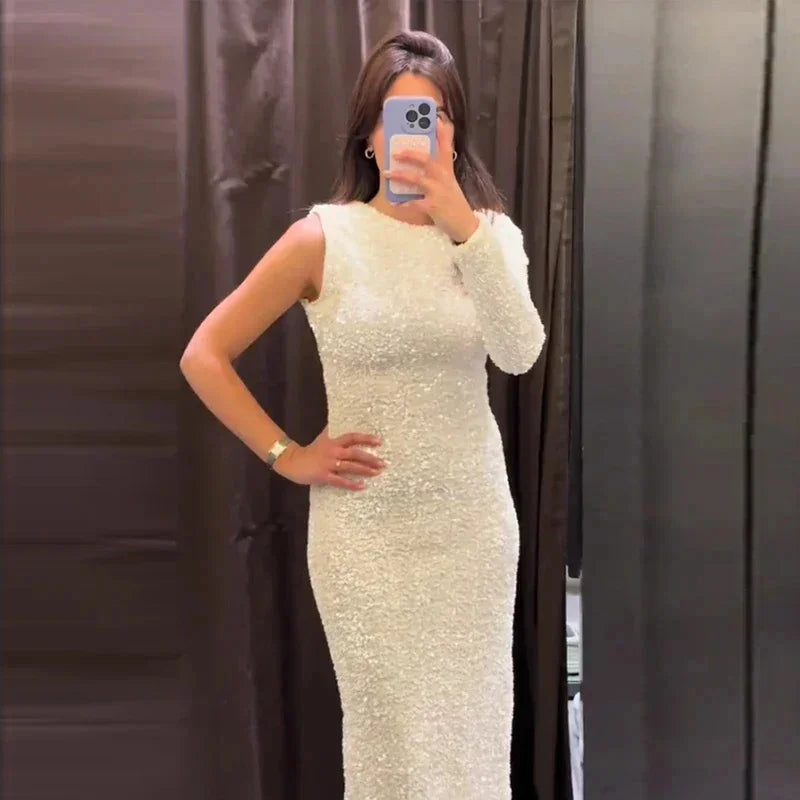 Aiertu  -  Elegant Detachable Full Sleeve Sequined Dress Women Slim O-neck Solid Long Party Dresses Autumn Lady Chic Shining Evening Robes Aiertu