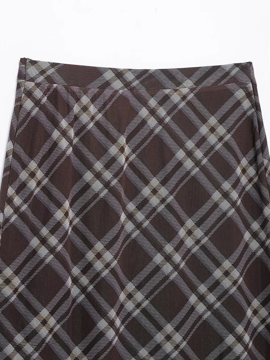 Aiertu  -  Vintage Plaid Lace-up Midi Skirt Women Summer New Buttons High Waist Split A-line Long Skirts Streetwear Fashion Casual Jupe Aiertu