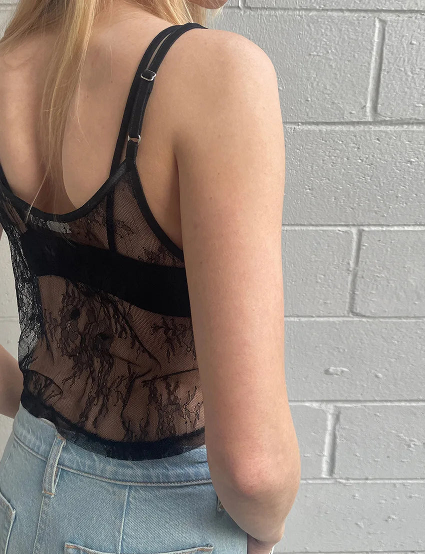 Aiertu  -  Lace Jacquard Sheer Tank Top Women V Neck Sleeveless Transparent Sleeveless Crop Tops Sexy Fashion Black Mesh Smock Camis New Aiertu