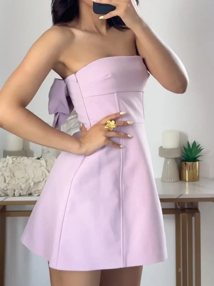 Aiertu  -  Pink Mini Tube Top Dress For Women Sexy Off Shoulder Slim Bow Backless Short Dresses Street Casual Party Fashion Dress Aiertu