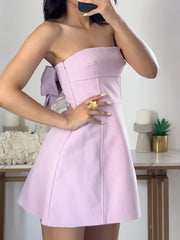 Aiertu  -  Pink Mini Tube Top Dress For Women Sexy Off Shoulder Slim Bow Backless Short Dresses Street Casual Party Fashion Dress Aiertu