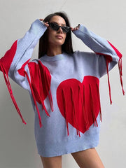 Aiertu  -  Chic Sweet Love Heart Print Tassels Spliced Y2k Sweater Women O-neck Long Sleeves Casual Jumpers Lady Elegant Knitted Pullover Aiertu