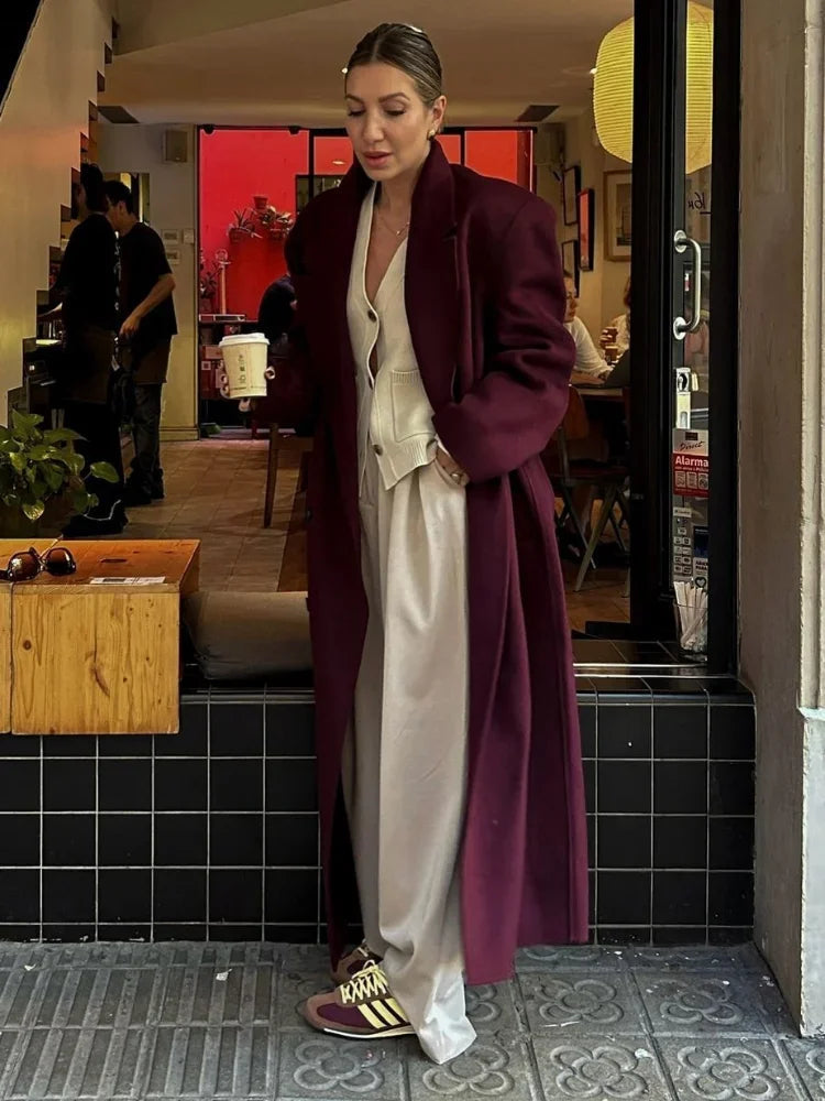 Aiertu     -  Fall Outfits 2026 Women Burgundy Red Padded Shoulder Coats Fashion Double Breasted Casual Lapel Outerwear New Autumn Winter Female Street Overcoat Aiertu